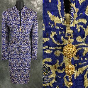 BEAUTIFUL St John evening knit rhinestones paillette violet gold skirt suit 8